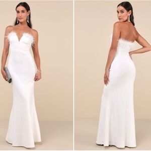 LULU's Bridal Wedding Chic Modern Sexy Elegant Feather Trim Mermaid Trumpet Gown